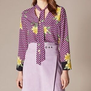 KAREN MILLEN GEOMETRICAL YELLOW FLORAL LONG SLEEVE BUSINESS TOP SHIRT US SZ 8
